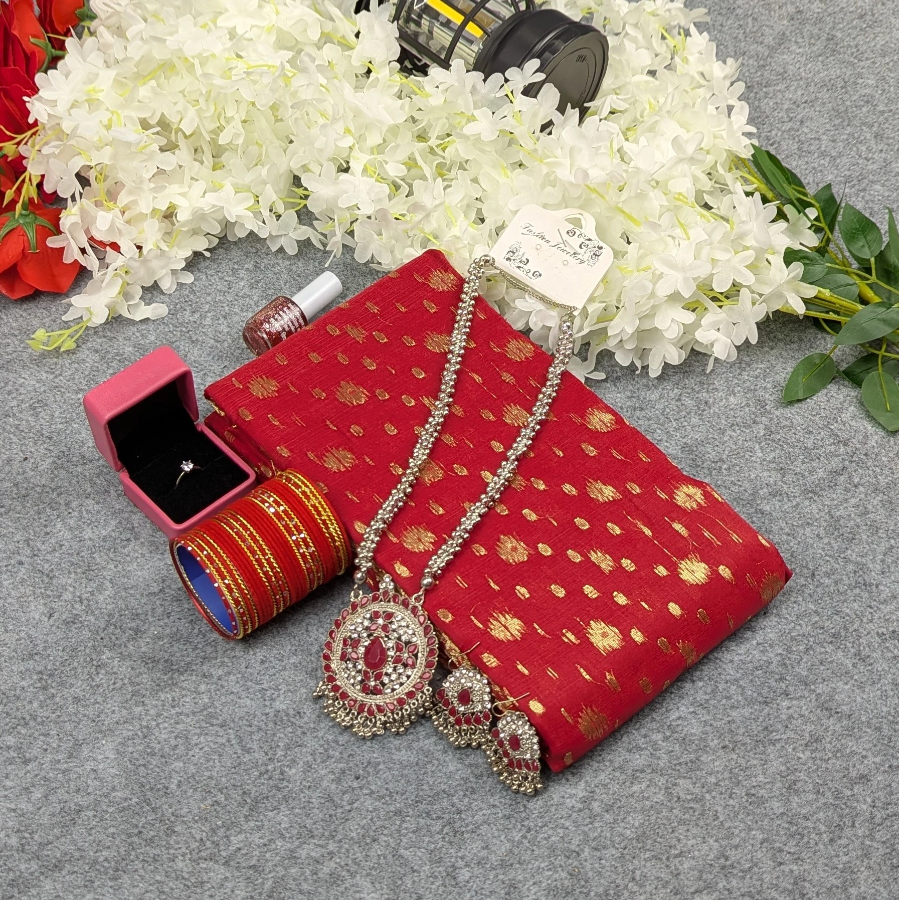Premium Half Silk Jamdani Saree Combo Set - Red