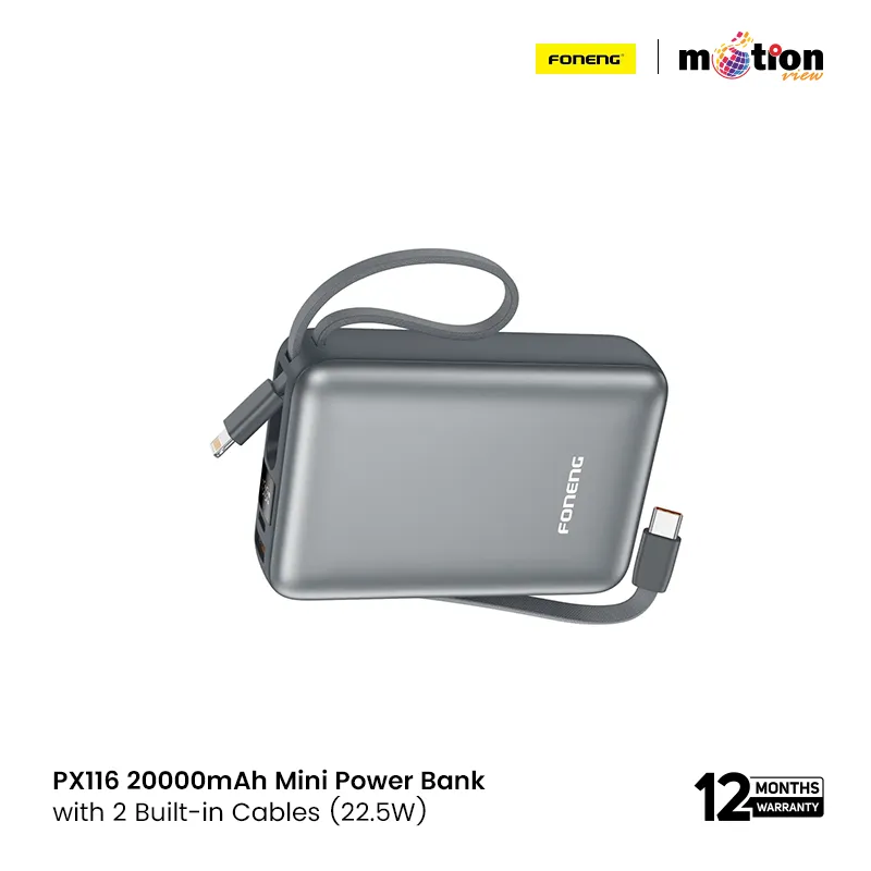 Foneng PX116 20000mAh Mini Power Bank with 2 Built-in Cables (22.5W)