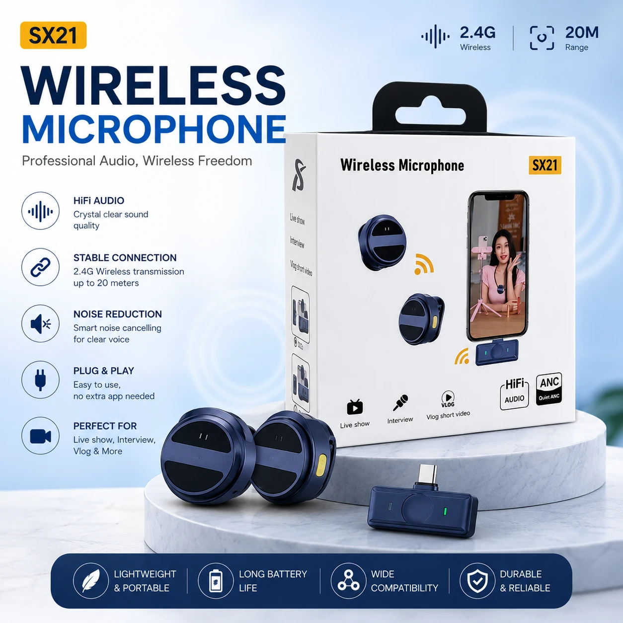 SX21-New 2-in-1 Wireless Lavalier Microphone – Dual Mic Setup for Crystal Clear Mobile Recording