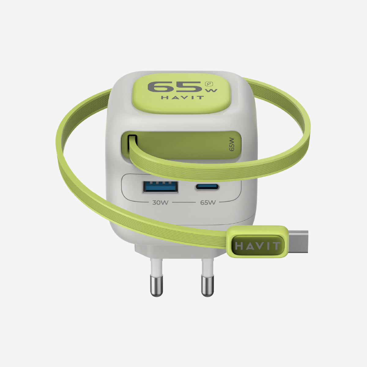 HAVIT UC253 65W GaN Travel Charger with Retractable Cable (Gray + Green)