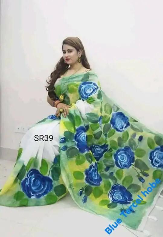 হাফসিল্ক শাড়ীতে হ্যান্ডপ্রিন্ট তুলির কাজ করা