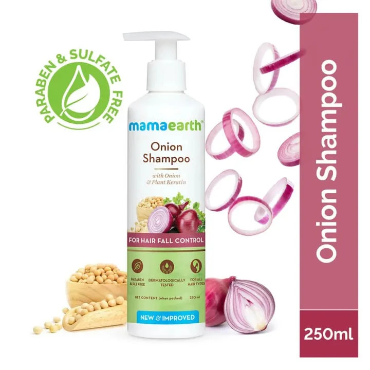 Mamaearth Onion Shampoo for Hair Growth & Loss Control 250ml | Moisturizing Gentle Scalp Cleanser with Plant Keratin | Sulfate & Paraben Free
