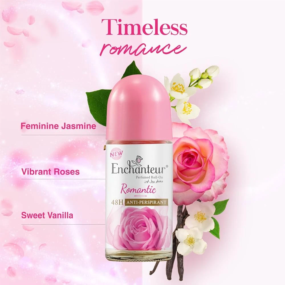 Enchanteur Romantic Anti-Perspirant Deodorant Roll-On For Women 50ml | 48-Hours Long Odour Protection| Soothing Floral French Fragrance| Quick Drying & Non-Sticky|