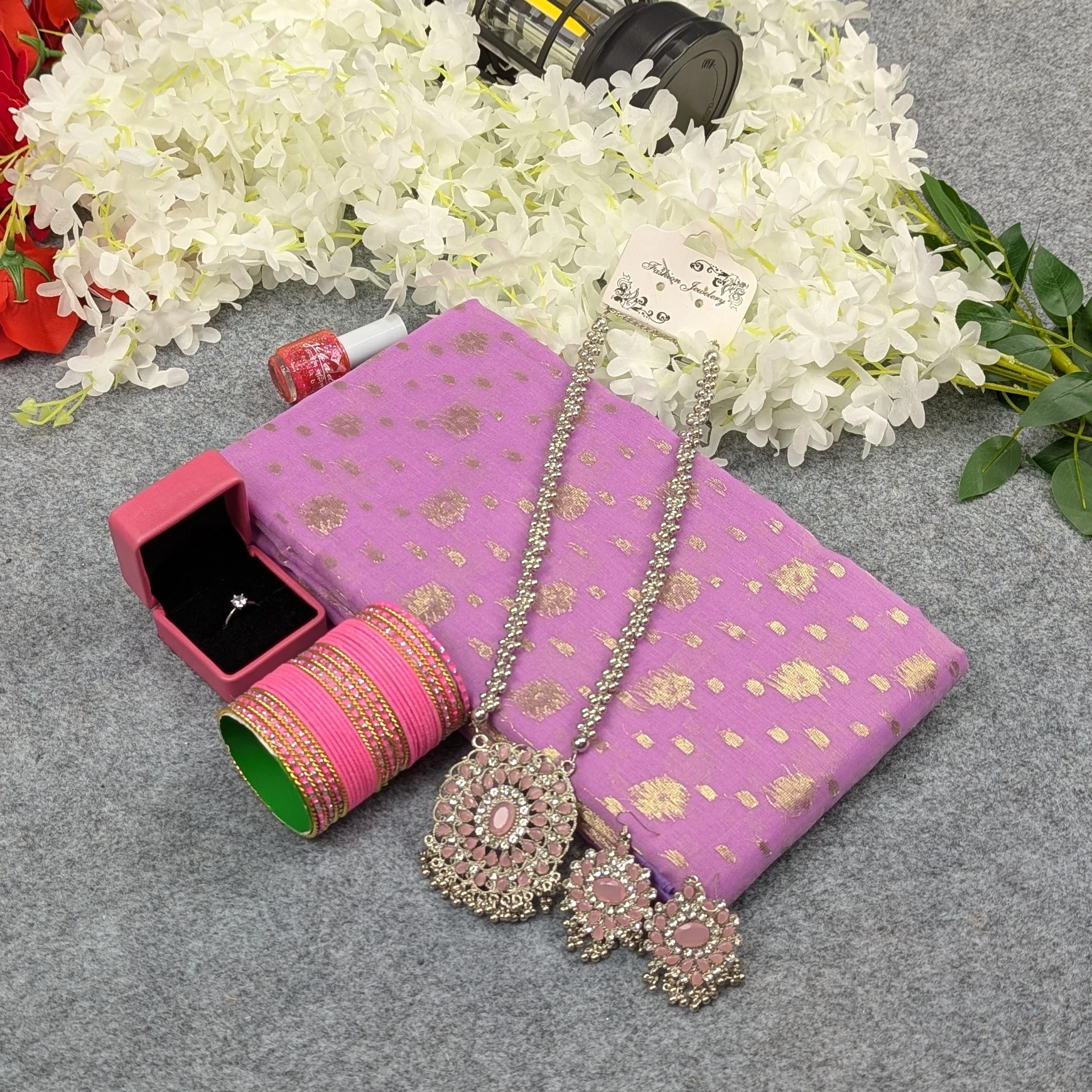Premium Half Silk Jamdani Saree Combo Set - Light Purple