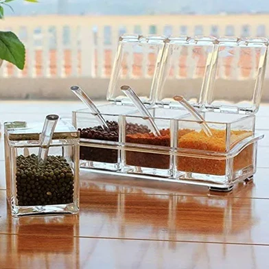 4 Grid Acrylic Seasoning Spice Box Kit with Spoon Kitchen Masala Container Seasoning Organizers Crystal Spice Box, For Kitchen
