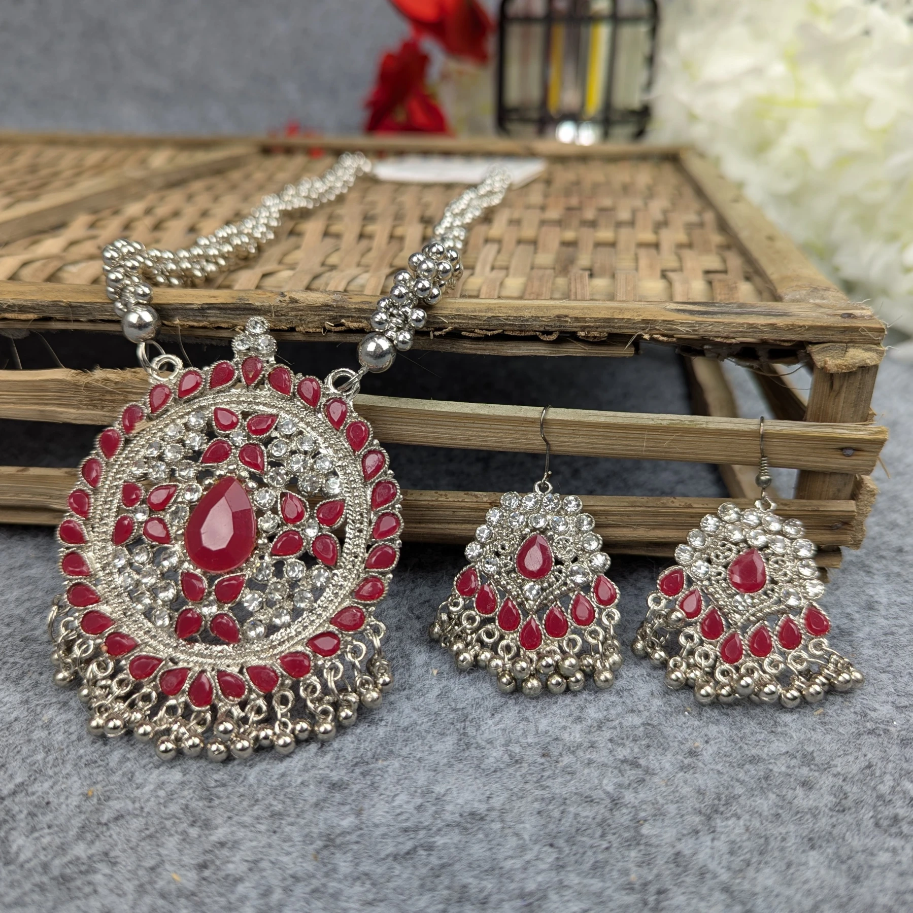 Antique Oxidized Necklace & Earrings Set – (Multiple Colors Available)