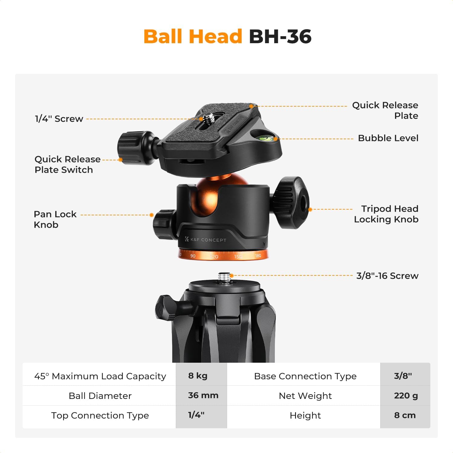 K&F 09.157 Lightweight Travel DSLR Tripods Load Capacity 8kg S255A3+BH-36