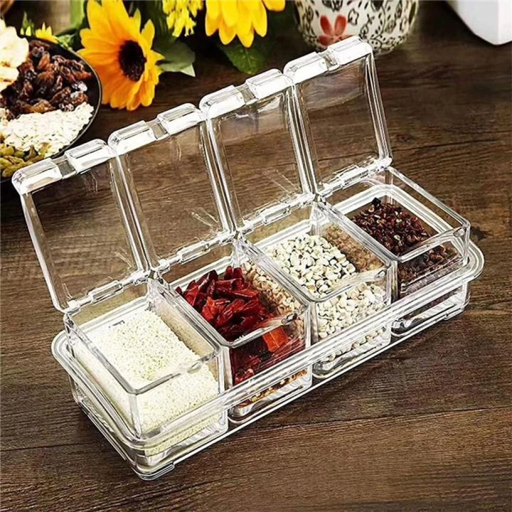 4 Grid Acrylic Seasoning Spice Box Kit with Spoon Kitchen Masala Container Seasoning Organizers Crystal Spice Box, For Kitchen