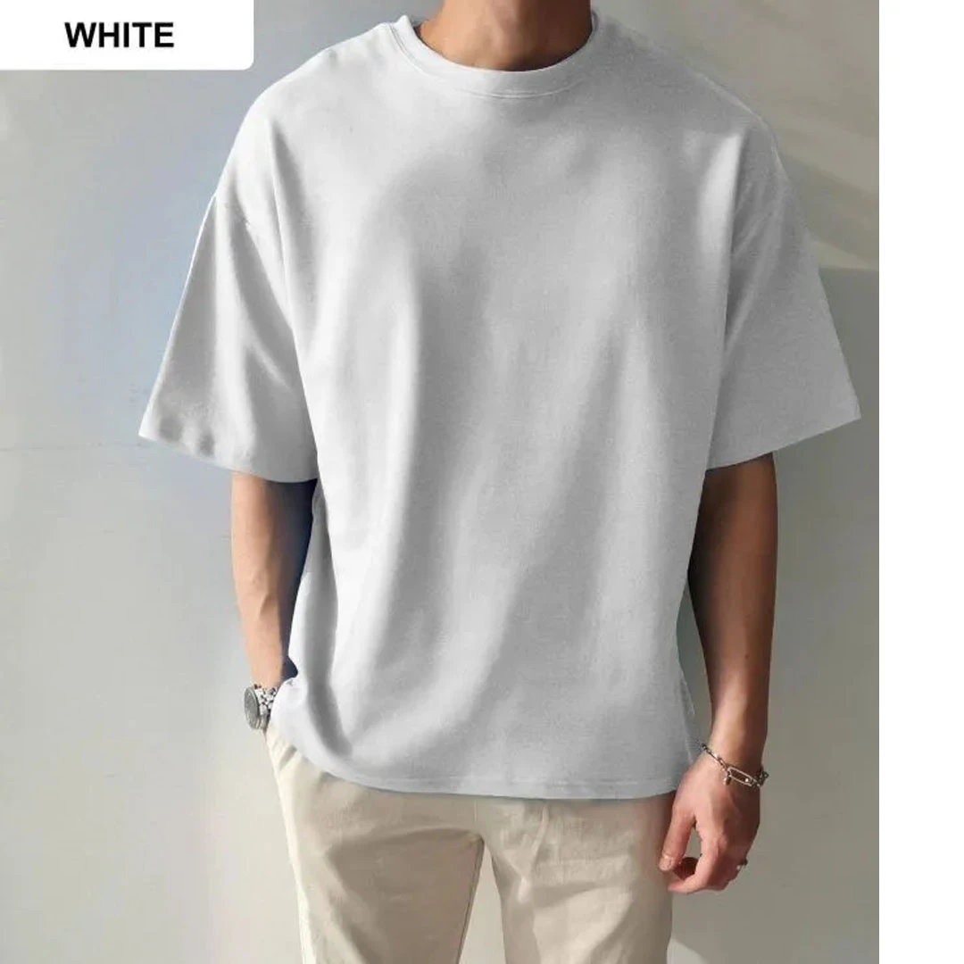 Solid White Cotton Drop Shoulder T-Shirt