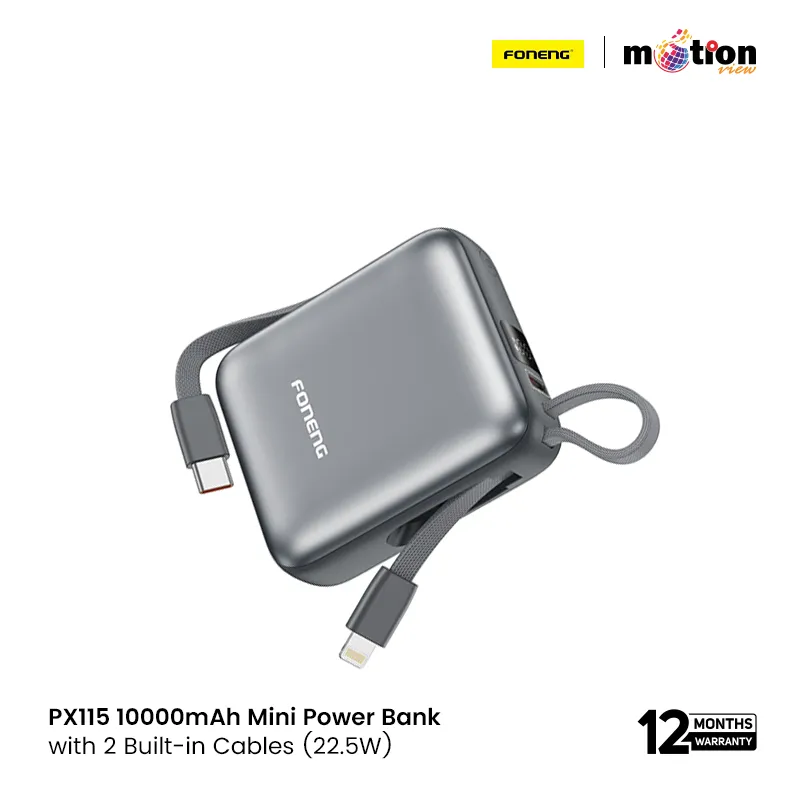 FONENG PX115 10000mAh Mini Power Bank with 2 Built-in Cables (22.5W)