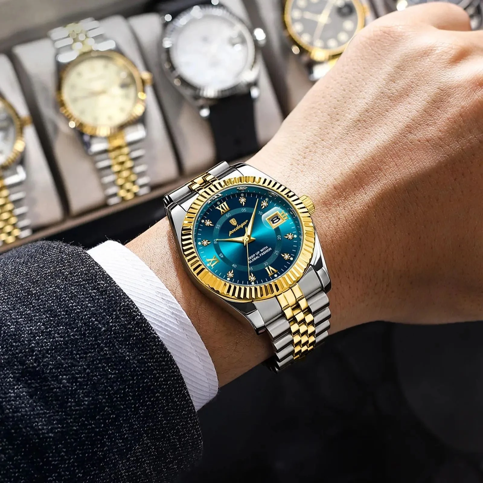 POEDAGAR 910 Luxury Quartz Watch for Man High Quality Diamond Date Men Clock Quartz Stainless Steel (Master copy)