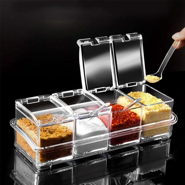 4 Grid Acrylic Seasoning Spice Box Kit with Spoon Kitchen Masala Container Seasoning Organizers Crystal Spice Box, For Kitchen