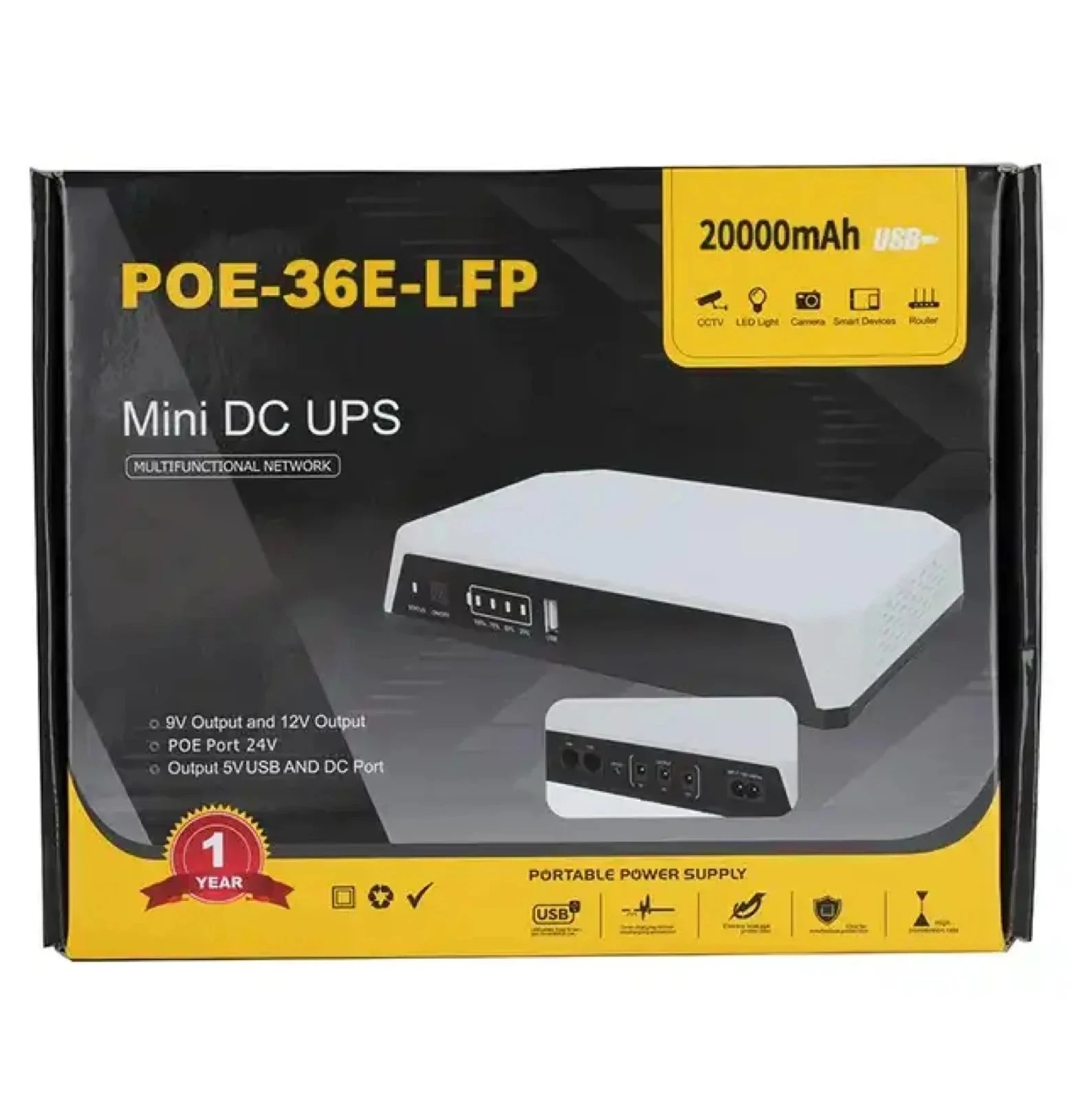 SKE POE-36E-LFP 20,000mAh Mini DC UPS – 36W High Power Backup with LiFePO4 Battery (5V/9V/12V 3A)