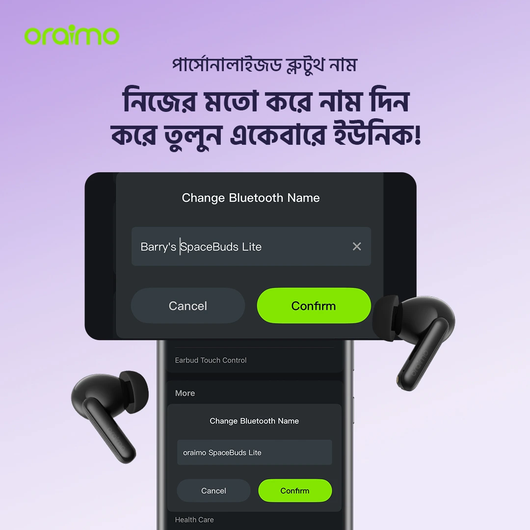 oraimo wireless earbuds SpaceBuds Lite OTW-324 bd personalized bluetooth name