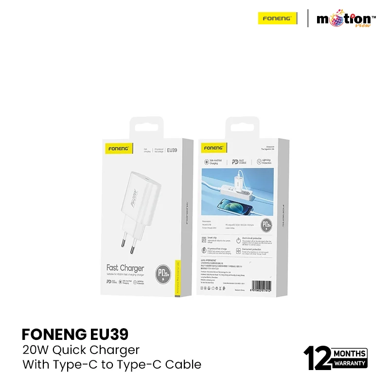 FONENG EU39 PD 20W Quick Charger With Type-C to Type-C Cable