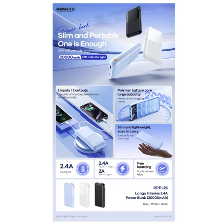Remax RPP-26 20000mAh Powerbank 2 Inputs Type