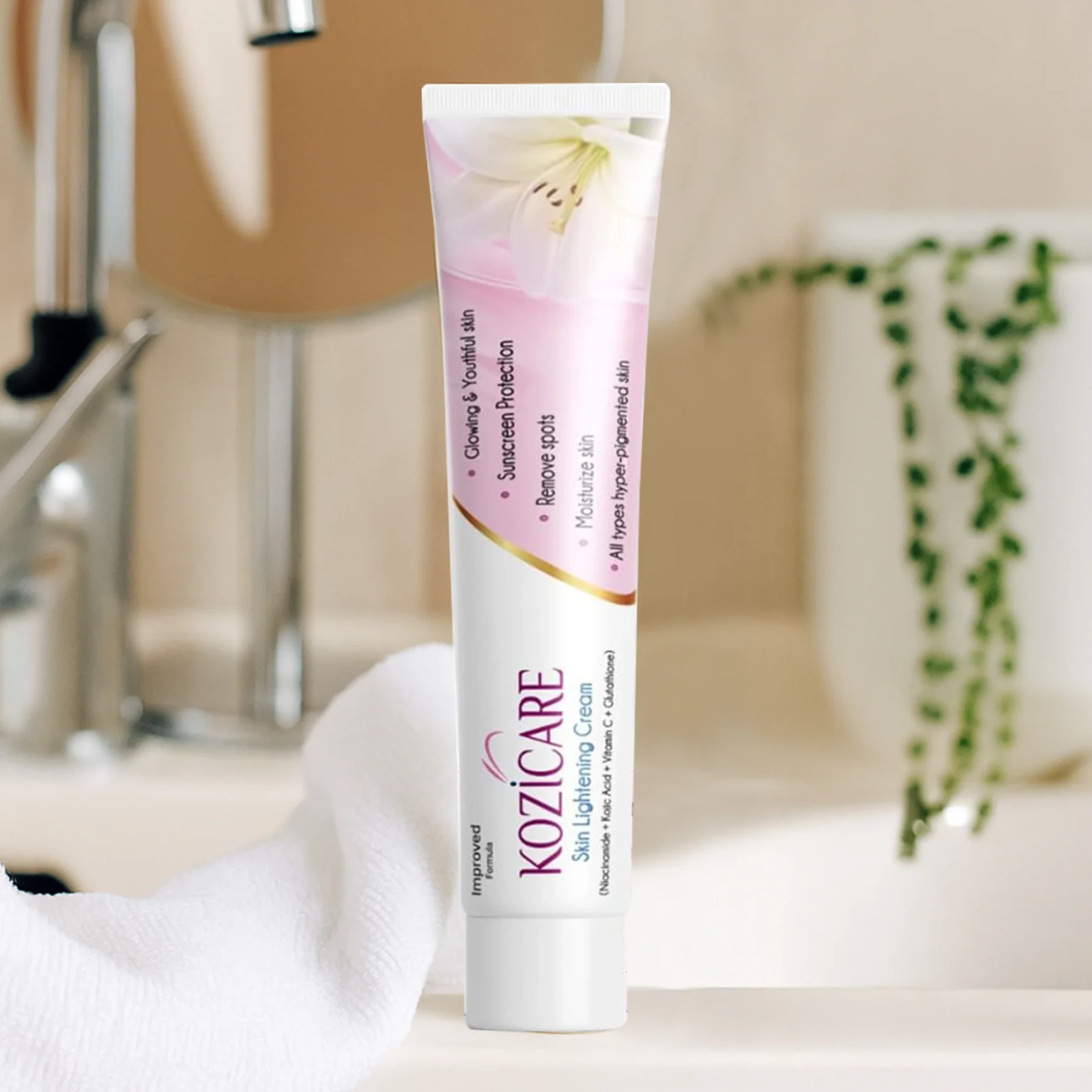 Kozicare Skin Lightening Non-Sticky Cream 15gm | Enriched with 3% Kojic Acid, 1% Alpha Arbutin, 1% Glutathione, 2% Niacinamide, 2% Vitamin C | Best for Melasma, Pigmentation, Dark/Age Spots, Uneven Sk