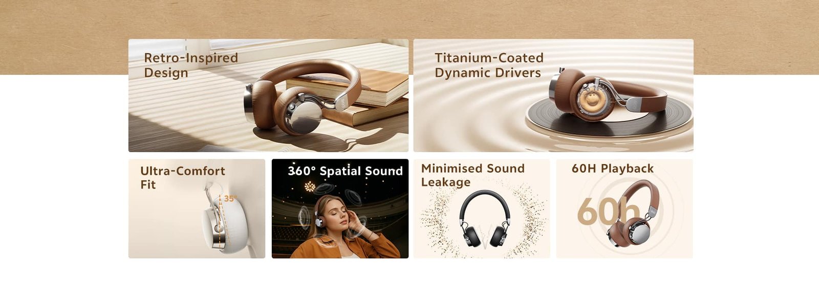 QCY Era 7 Wireless Retro Over-Ear Headphones – 60H Battery, 40mm Drivers feature image 2