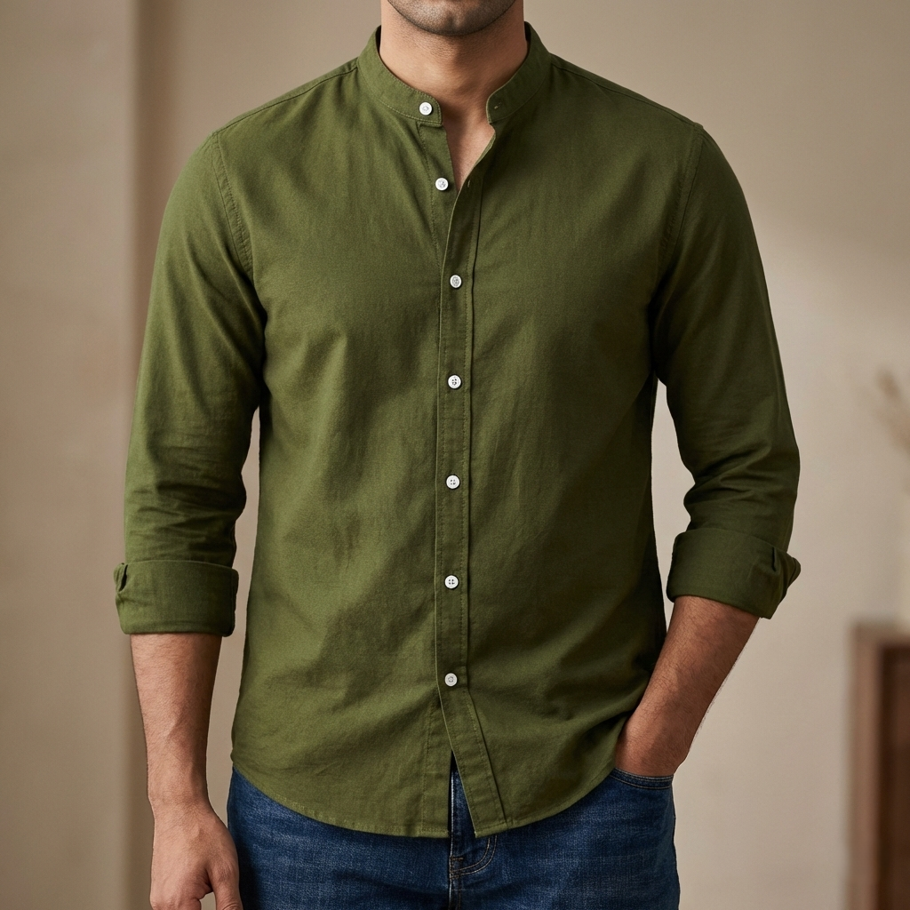 Men's Solid Colour Ban color Shirt (olive)