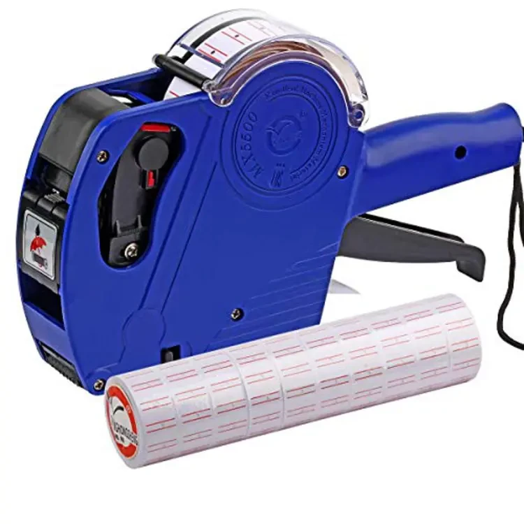 Price tag labels machine with paper sticker rolls.