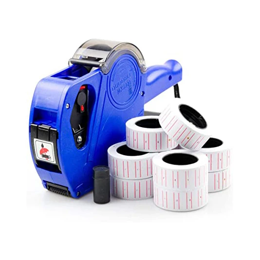 Price tag labels machine with paper sticker rolls.