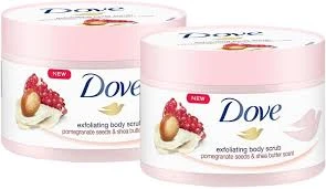 Dove Exfoliating Body Scrub Pomegranate Seeds 225ml / Macadamia & Rice Milk Scent 225ml / Body Polish Brown Sugar & Coconut Butter 298gm / Oatmeal & Calendula Oil 298gm | Made in Slovakia