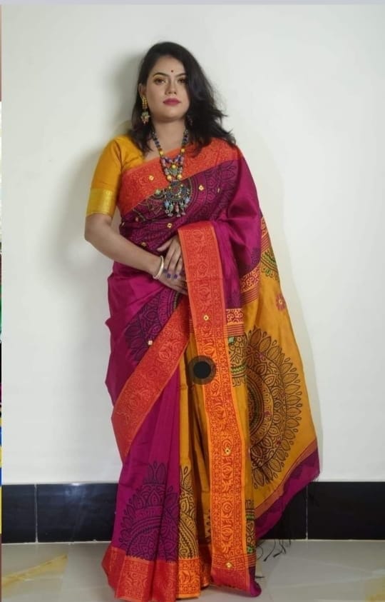 হ্যান্ডপ্রিন্ট হাফসিল্ক শাড়ী