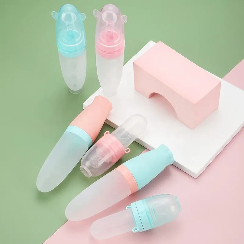 1pcs 110ml Soft Silicone Squeezing Feeding Bottle Cute Newborn Baby Training Rice Paste Spoon Infant Cereal Food Supplement Feeder for Toddler Infant Food Dispensing and Feeding