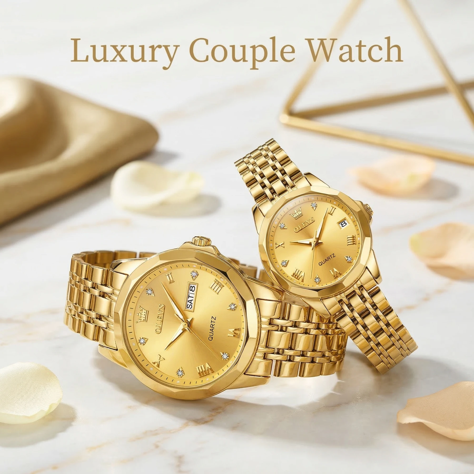 Olevs Stainless Steel fashionable Couple watches Full Golden