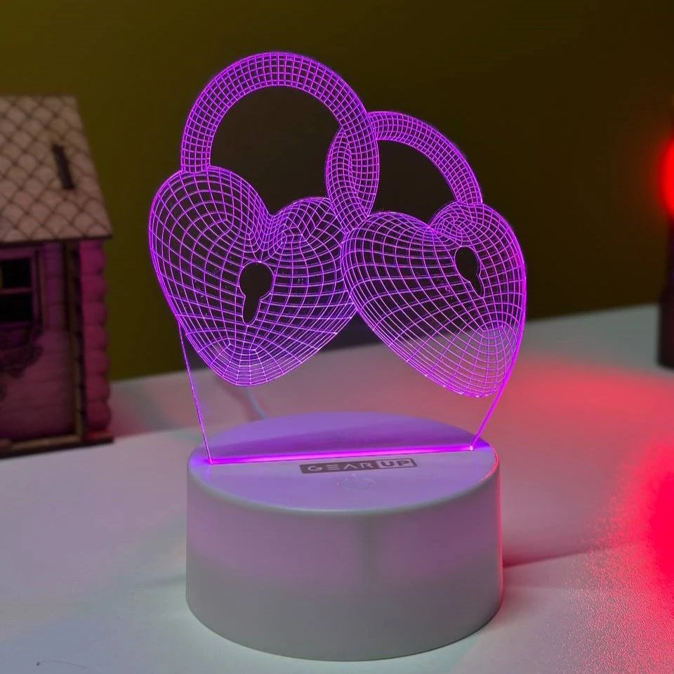 GearUP Acrylic Multicolor Night Lamp (3D Love Lock) – 20 pcs
