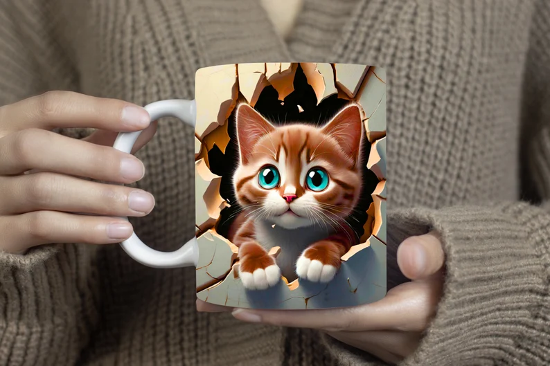 3D Cat Hole In A Wall Design Mug