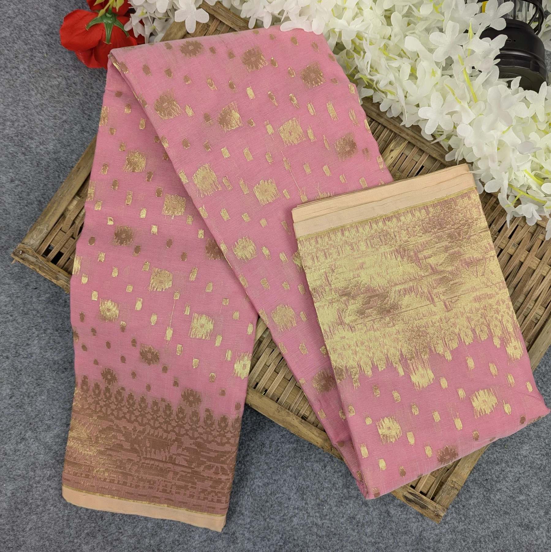 Premium Half Silk Jamdani Saree Combo Set - Pink