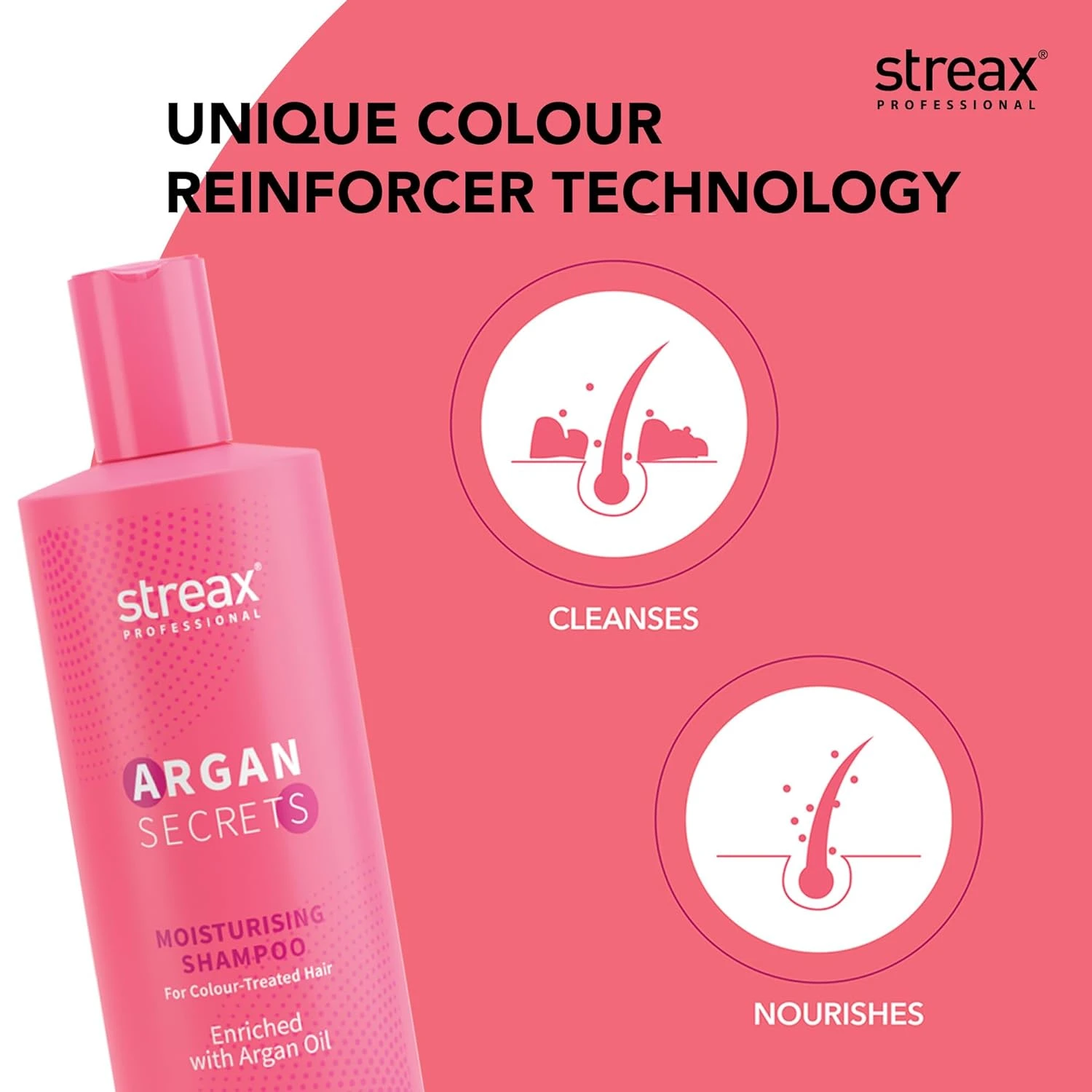 Streax Professional Shampoo 300ml Argan Secrets MOISTURISING Shampoo for Women | Enriched with Argan Oil & UV Filter | Enhances Colour Retention | Cleanses & Nourishes Hair | Made in BD