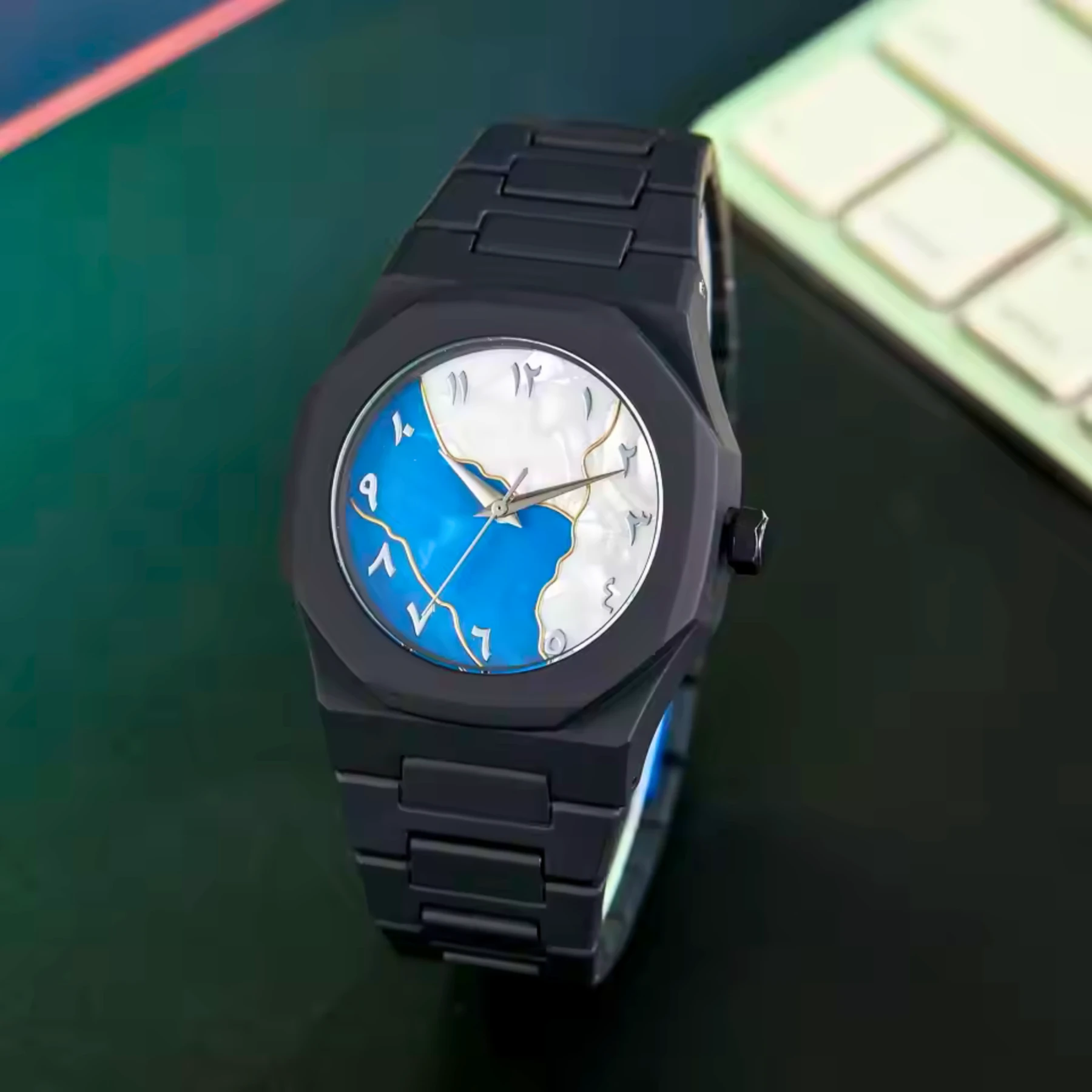 Aura watch 2025 New Arabic Aura Watch Silver Dial @ navy bule Modern Creative Design (Blue )