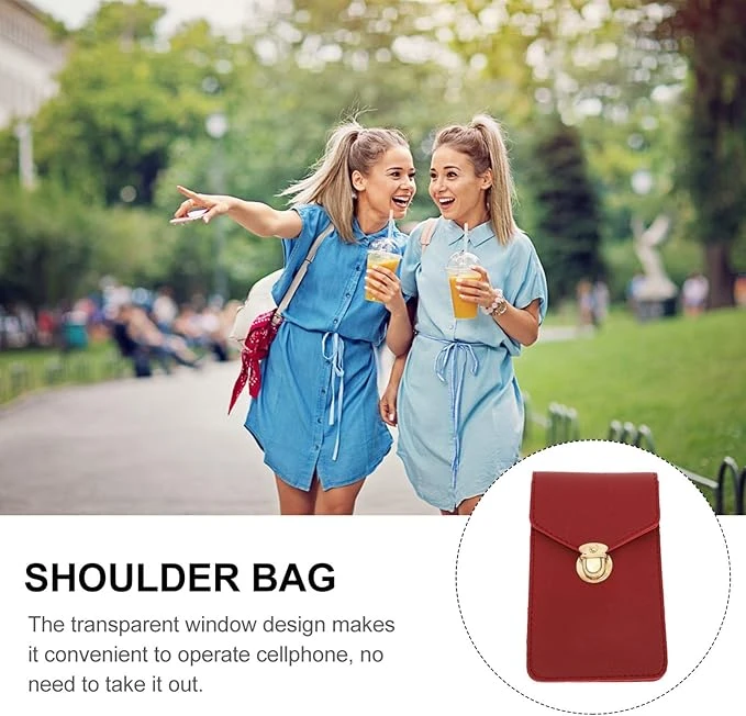 Women's PU Leather Phone Holder With Neck Strap Wallets Touch Screen Bags(Red)