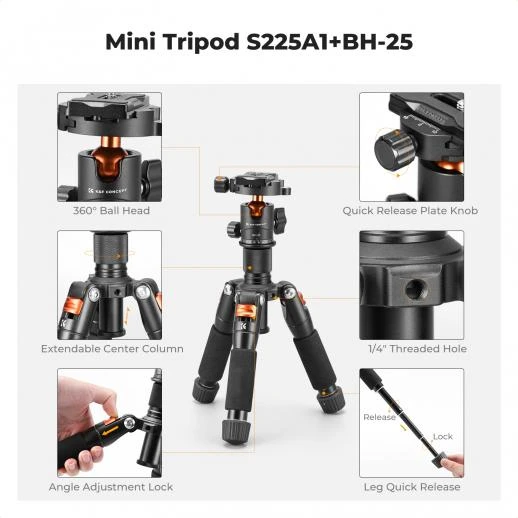 K&F Concept 20.5" Mini Desktop Tripod – 360° Ball Head, 6KG Load Capacity, Quick Release Plate KF09.150