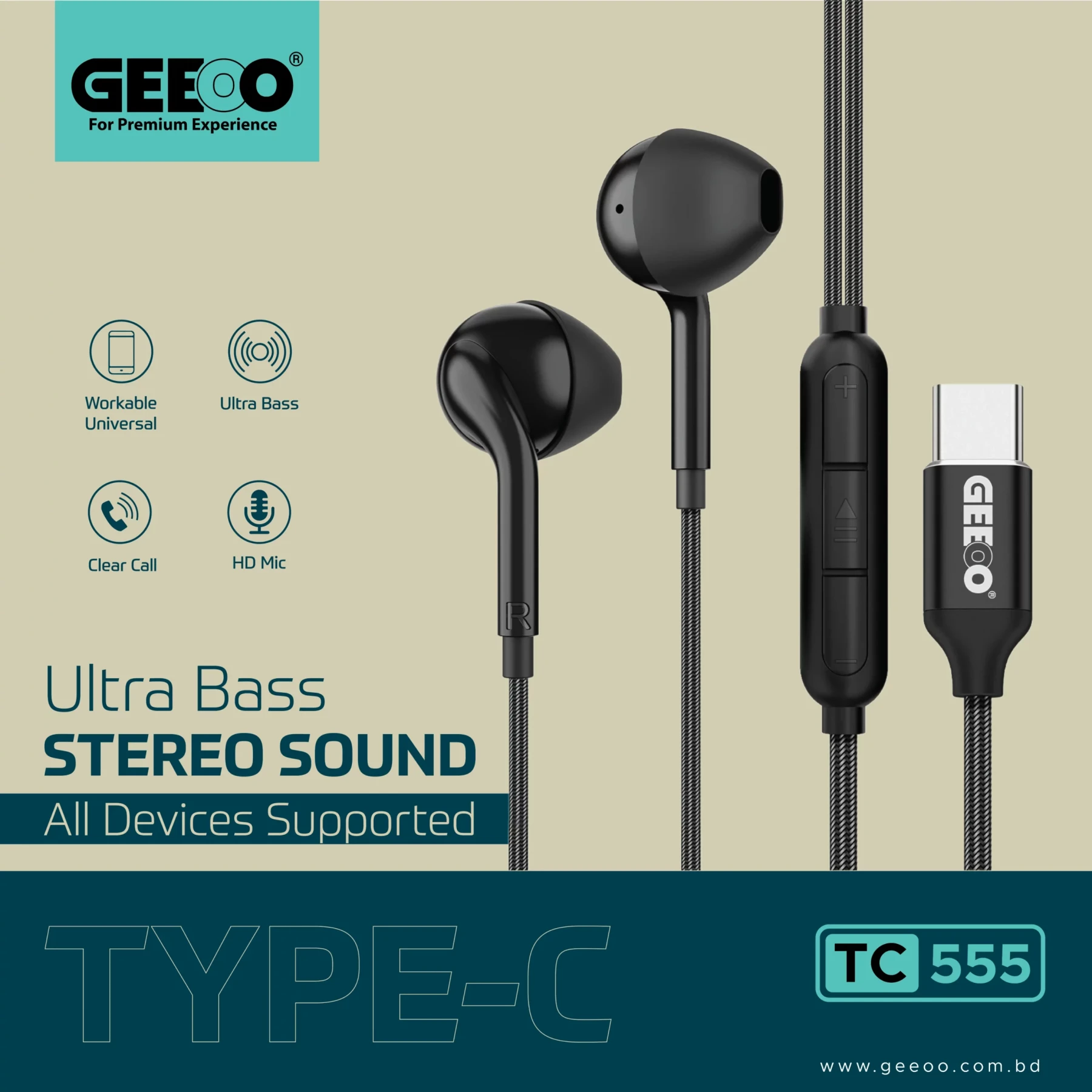 GEEOO TC-555 Type-C Ultra Bass Earphone – Black