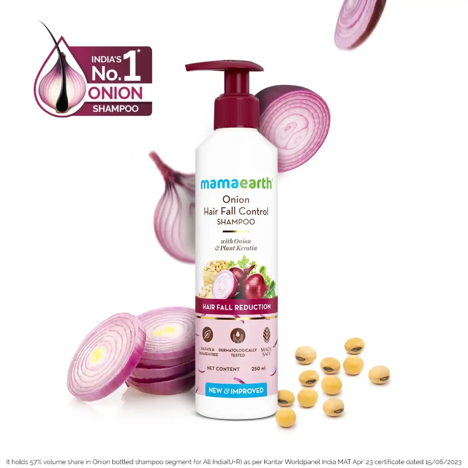 Mamaearth Onion Shampoo for Hair Growth & Loss Control 250ml | Moisturizing Gentle Scalp Cleanser with Plant Keratin | Sulfate & Paraben Free