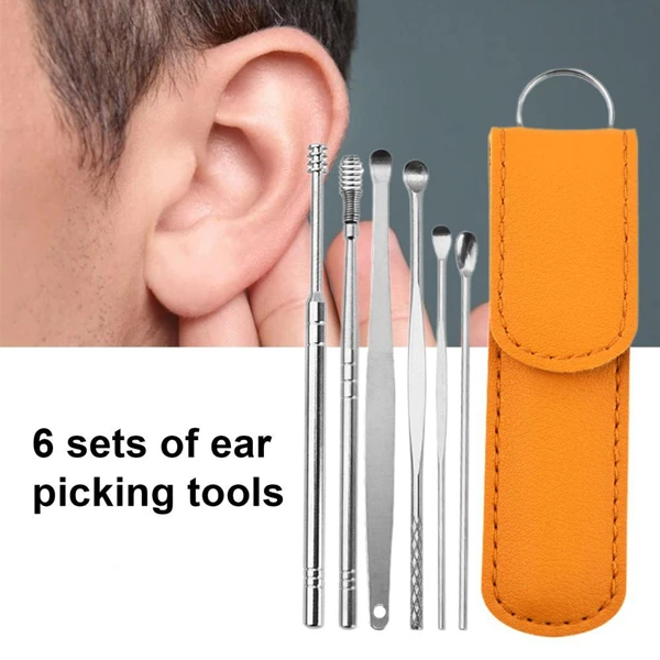 6pcs Ear Cleaning & Pick Set Portable Stainless Steel Set With Lather Case