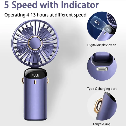 Portable Fan Personal Fan 5000MAh Rechargeable,5 Speeds with LED Display,90° Adjustable Multicolour