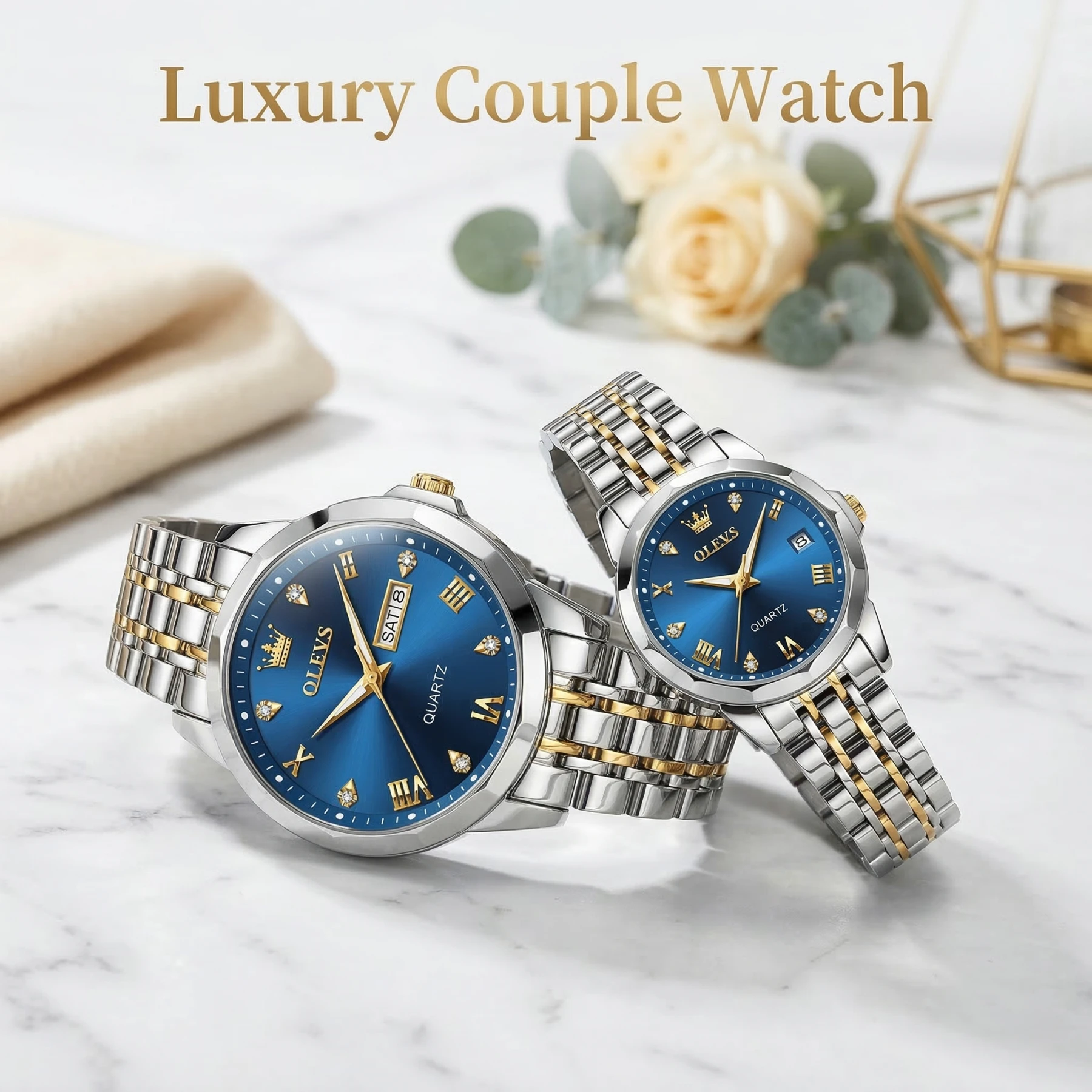 Olevs Stainless Steel fashionable Couple watches (Navy Blue)